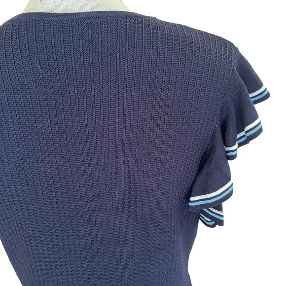 Lela Rose Pearl Navy Blue Ruffle Front Pearl Button Knit Dress L - Picture 12 of 16